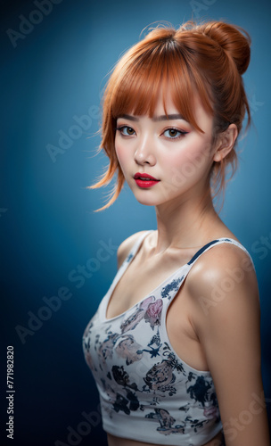 Beautiful Asian woman with red hair.