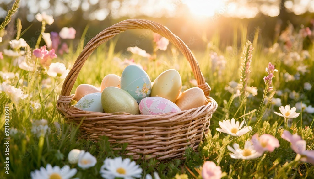 easter eggs in wicker basket in grass with flowers colorful decorated easter eggs in wicker basket traditional egg hunt for spring holidays morning magical light