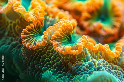 A close-up of a coral reef ecosystem. The coral is colorful and textured. © STOCK AI