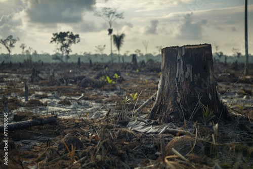 A tree stump stands alone in the middle of a vast field, showcasing the aftermath of deforestation