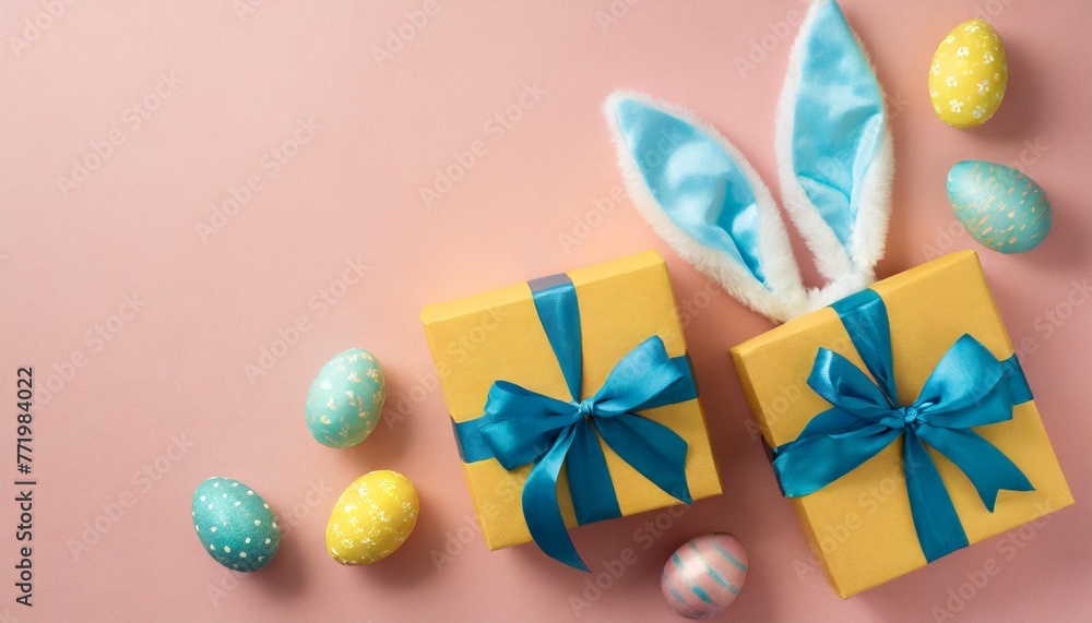 easter celebration concept top view photo of stylish yellow gift boxes with blue ribbon bows colorful easter eggs and bunny ears on isolated pastel pink background with copyspace - obrazy, fototapety, plakaty 
