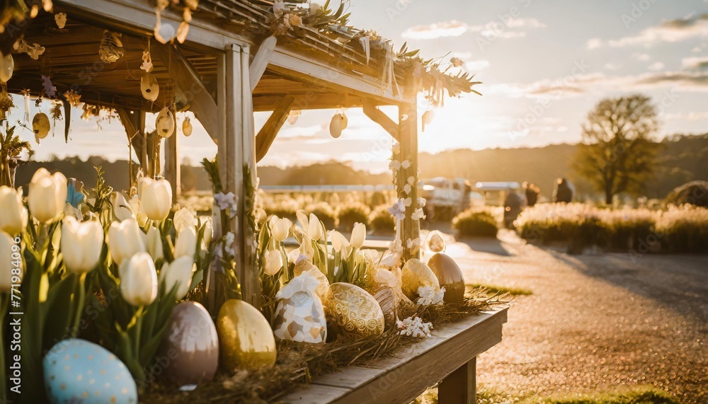 of easter kiosk with decorated eggs and flowers