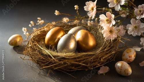 easter eggs in nest with flowers on dark background