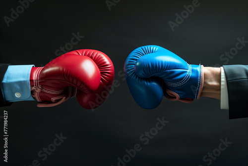 A close-up shot of a business person on the left, wearing red boxing gloves, in a guard position with their glove touching the blue-gloved hand of another business person on the right. © nunkung07