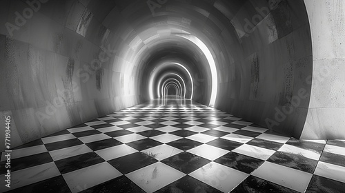 Monochrome checkered hallway bending into light