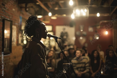 A person stands confidently in front of a microphone, ready to perform at an open mic night event photo