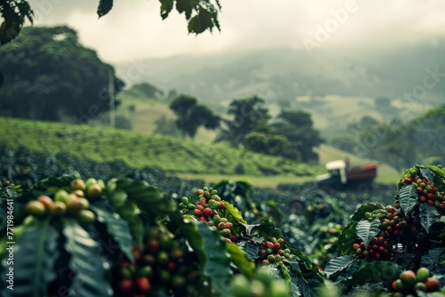 A field full of coffee beans with a tractor working in the background