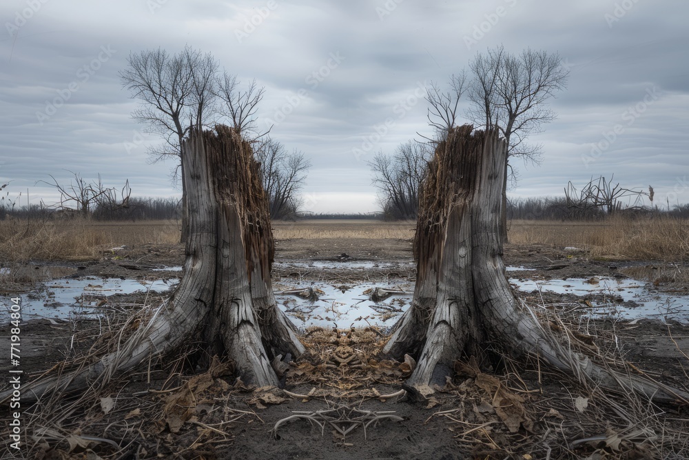 A symmetrical composition of two trees standing upright in the dirt, providing a stark contrast against the barren landscape
