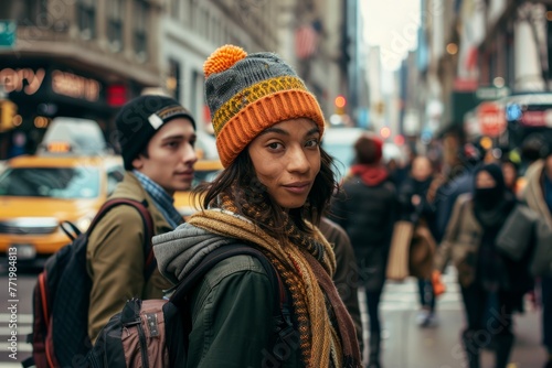 A woman stands on a busy city street, wearing a hat and scarf while observing her surroundings