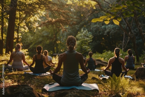 A group of people practicing yoga amidst trees in a forest setting © Ilia Nesolenyi