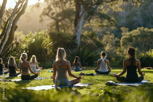 Women participating in a yoga session in a park, surrounded by greenery and nature