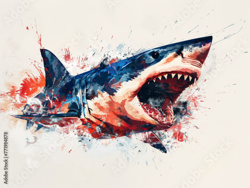Vivid illustration of a shark in motion with red and white splatter, conveying action,ai generated © Rajesh