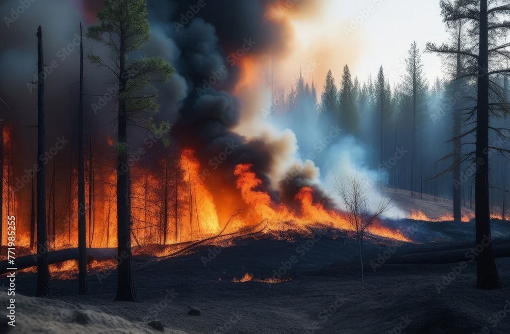 Forest fire, fire blazes and destroys trees, view inside the forest