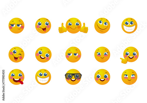 Icons with emoticons or yellow emoticons with emotional funny faces in glossy cartoon design
