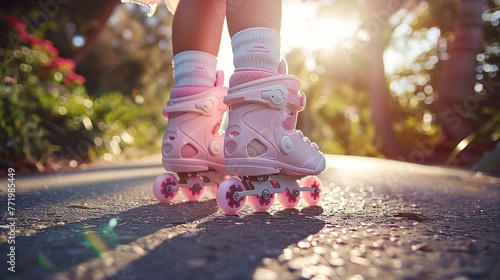 Child's feet in pink rollerblades on a sunlit path