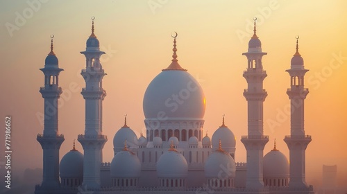 Golden minarets rising above white domes against a muted backdrop
