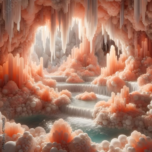 A fluffy cave made of peach crystals. white and shiny.