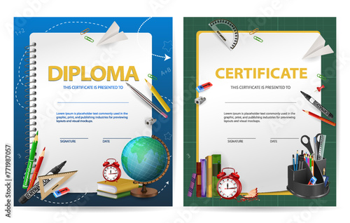a set of two Bright school diploma templates for children, a certificate background with colorful school subjects pencil, ruler, globe, book on a sheet of paper background. Awarding for training