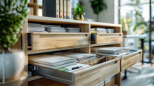 Array of open drawers revealing documents in office photo