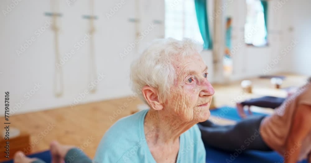 Elderly woman, stretching and yoga with class for pilates, spiritual wellness or balance together. Senior people, yogi and coaching in zen, fitness or svanasana pose for awareness or indoor exercise Elderly woman, stretching and yoga with class for pilates, spiritual wellness or balance together. Senior people, yogi and coaching in zen, fitness or svanasana pose for awareness or indoor exercise