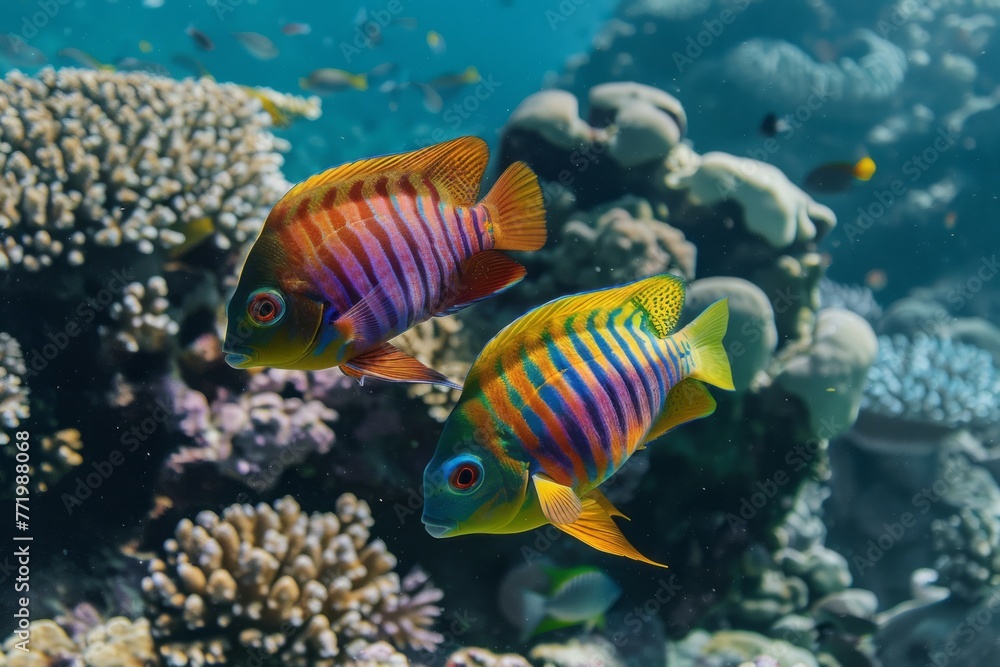 Fototapeta premium A colorful fish swimming in a coral reef. The coral is brightly colored and there are other fish visible in the background.