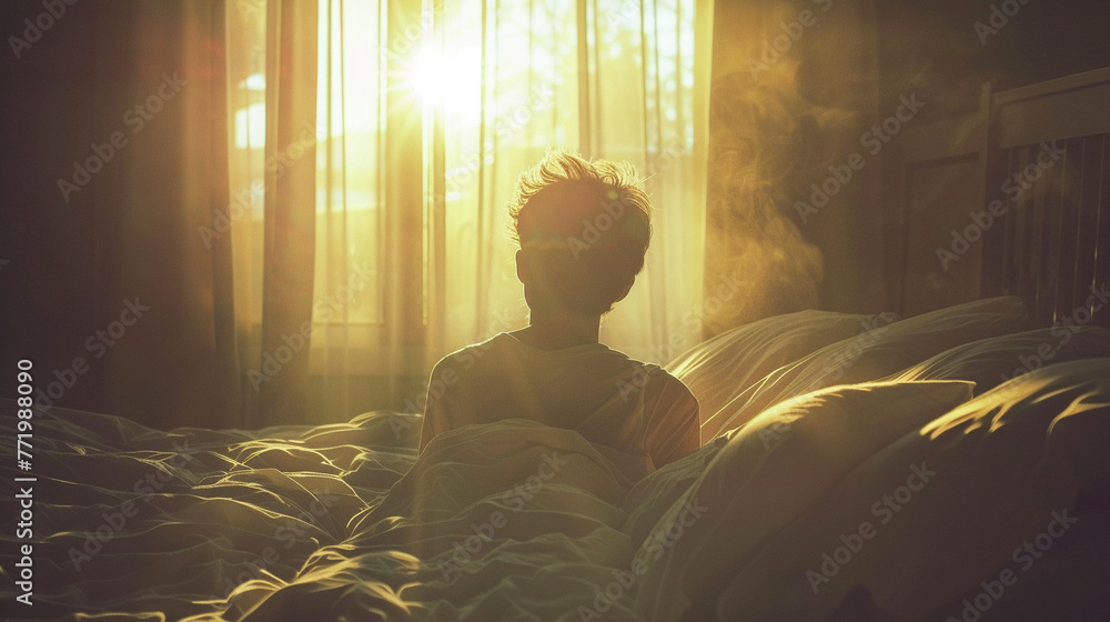 Morning wake-up, person sitting up in bed, gentle light streaming in, serene start