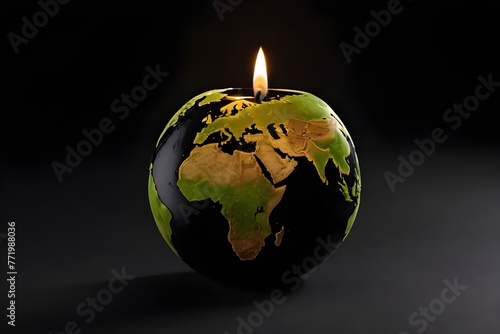  A candle in the shape of a globe on a black background