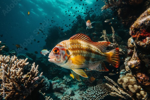 A colorful fish swimming in a coral reef. The coral is brightly colored and there are other fish visible in the background. © Zero Zero One