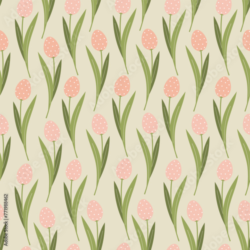 Easter tulips on seamless pattern. Easter eggs, branches, flowers in pastel gentle colors.