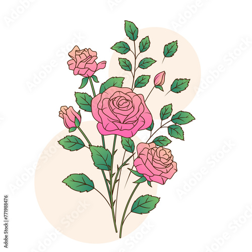 Bouquet with rose flowers and leaves. Bright vector illustration of flowers for romantic events design, card, poster, banner, flower shop decoration.