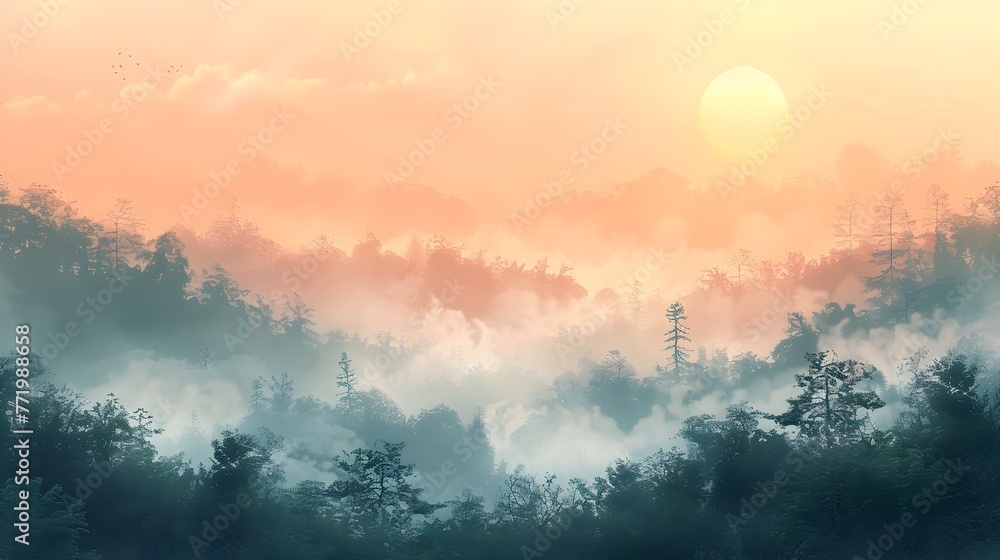 Enchanting Sunrise Over Misty Forest with Glowing Treetops and Serene Atmosphere Enchanting Sunrise Over Misty Forest with Glowing Treetops and Serene Atmosphere