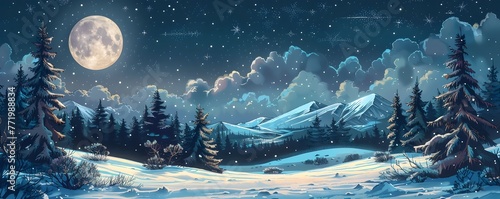 Captivating Moonlit Winter Wonderland Landscape Under Starry Night Sky