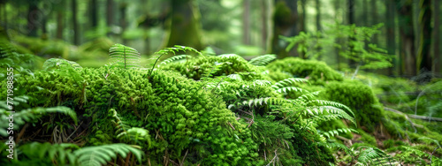 A lush green forest with moss and ferns