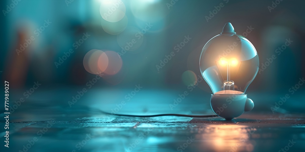 A glowing light bulb character is shown flickering on representing the moment of a bright idea or sudden insight - obrazy, fototapety, plakaty 