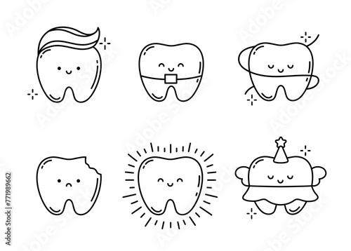 Set of Cute Cartoon Characters Teeth. Clean, Healthy Tooth, Tooth with Caries, Floss, Braces, Braces system. Concept of Pediatric Dentistry, Dental Cleaning and Care. Vector Linear Illustration