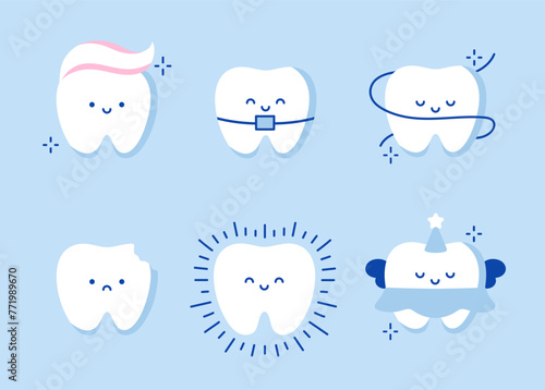 Set of cute teeth on blue background. Set of Cute Teeth with Different Emotions. Dental care, Clean tooth, Caries, Tooth Fairy, Braces, Floss. Concept of Pediatric Dentistry, Dentist
