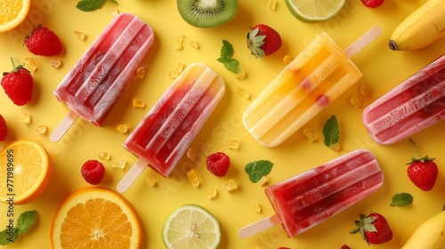 Sunlit flat lay of colorful ice pops and fresh fruits scattered on yellow surface
