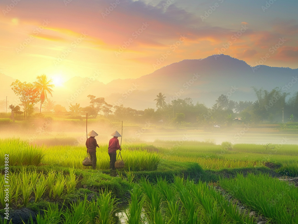 Rural Asian life, farmers in fields, daybreak light, natural beauty, serene daily routine