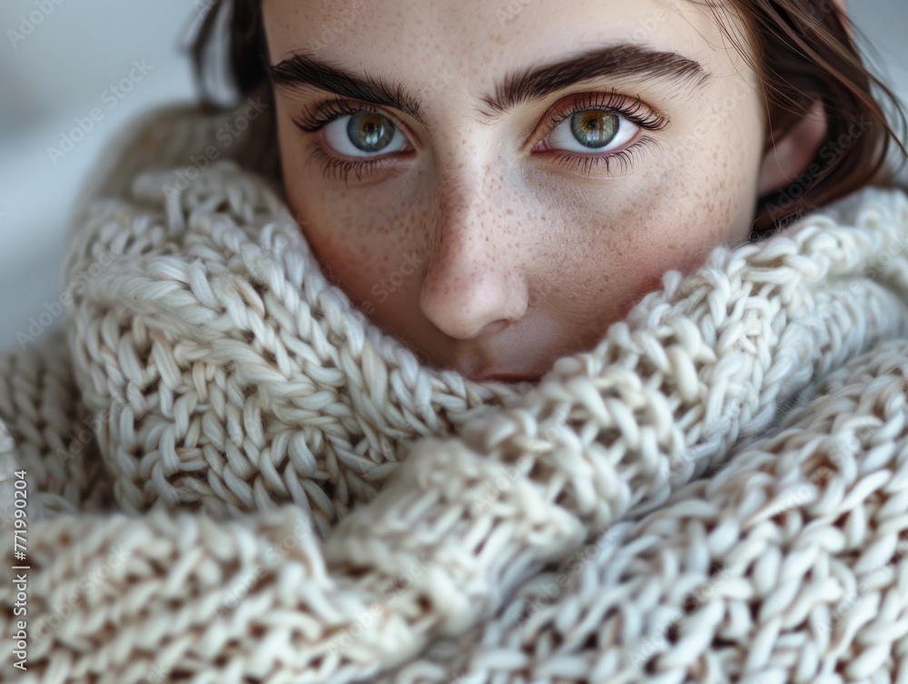 Portrait of a young beautiful woman at home wearing a cozy knitwear Portrait of a young beautiful woman at home wearing a cozy knitwear