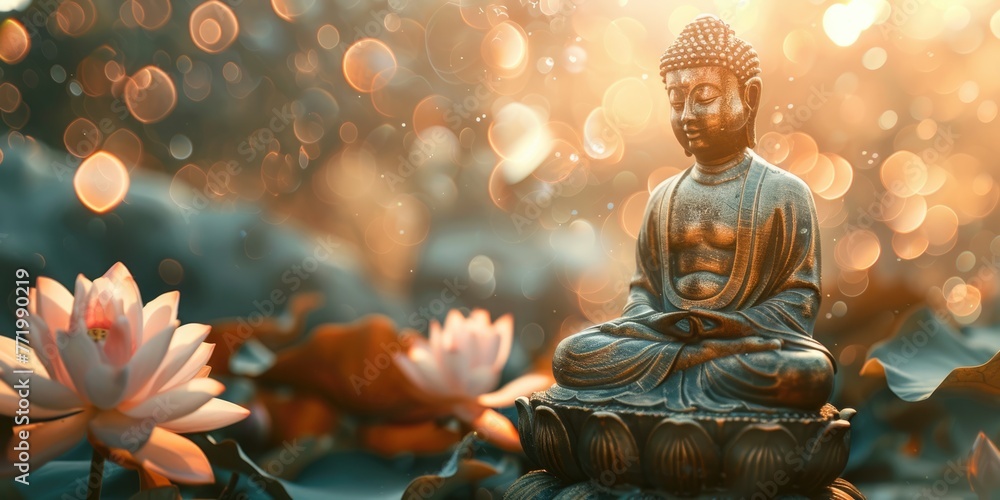 Big stone Buddha statue with lotus flowers outdoors in nature. ai generated