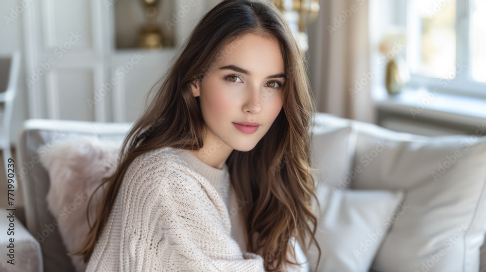 Portrait of a young beautiful woman at home wearing a cozy knitwear Portrait of a young beautiful woman at home wearing a cozy knitwear