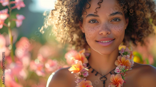 A girl with a necklace of flowers around her neck