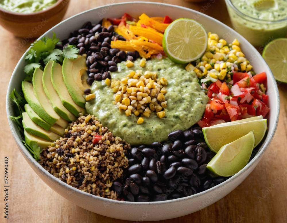 nourishing buddha bowl with a base of mixed greens, quinoa, black beans, roasted corn, diced bell peppers, sliced avocado, and a tangy lime-cilantro dressing, garnished with crispy tortilla strips