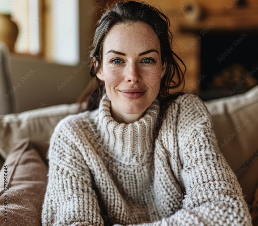 Portrait of a young beautiful woman at home wearing a cozy knitwear Portrait of a young beautiful woman at home wearing a cozy knitwear