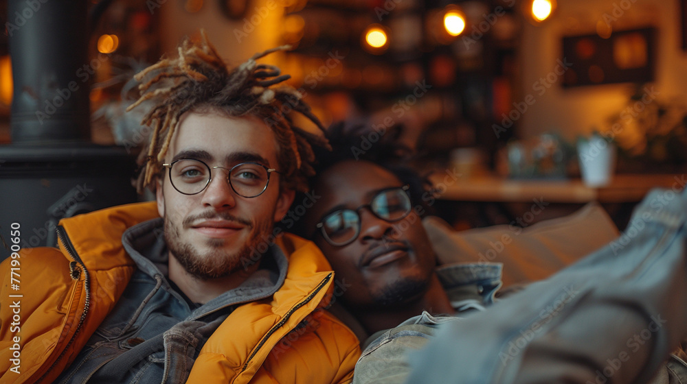 Portrait of two men sitting on a sofa in a cafe Portrait of two men sitting on a sofa in a cafe