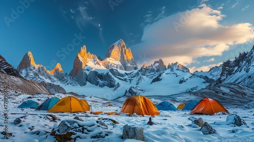 At the base of snow-capped mountains, camping tents are erected.