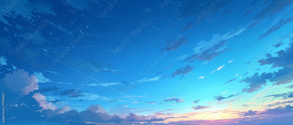 Anime style dark blue night sky with a crescent moon in the center.