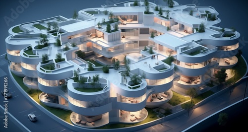 A sleek residential complex comprised of interconnected capsule homes, portrayed in captivating isometric 3D visualization.