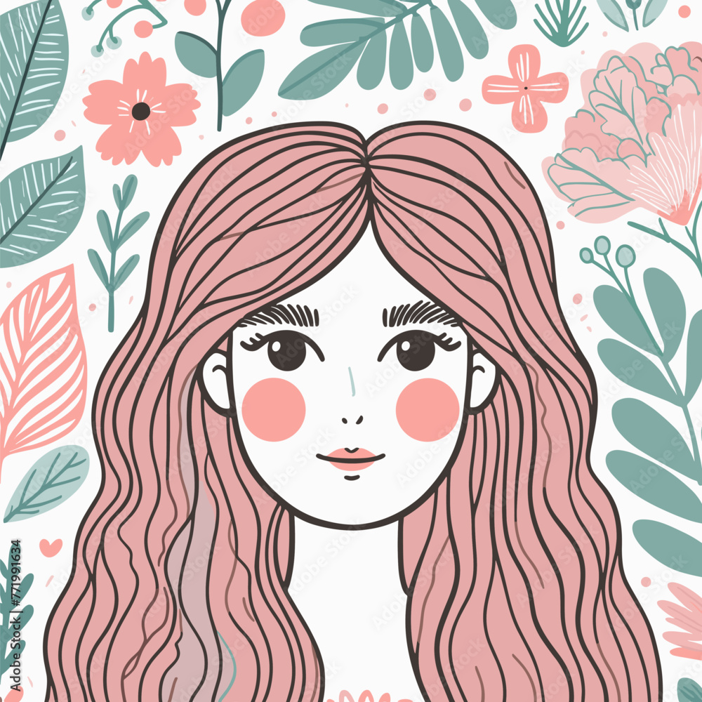 Doodle art of a woman adorned with leaves, in soft pastel colors