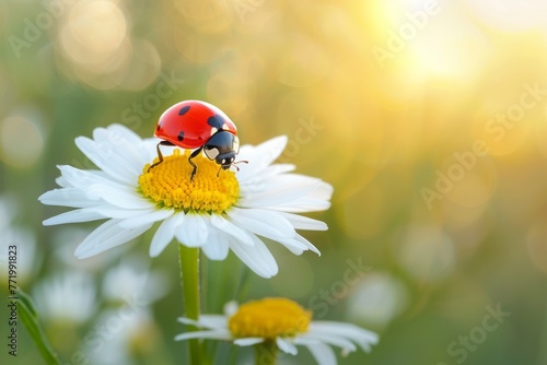 Red ladybug on white chamomile flower on a blurred natural background with bokeh. summer banner, copy space.
